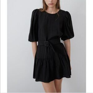 ZARA Puff Sleeve Belted Black Mini Dress